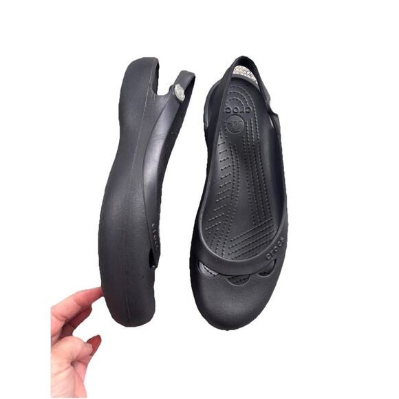 Crocs Jayna Women 10 Black Slingback Ballet Flats Slip On Jewel Flower Mary Jane - Picture 3 of 6